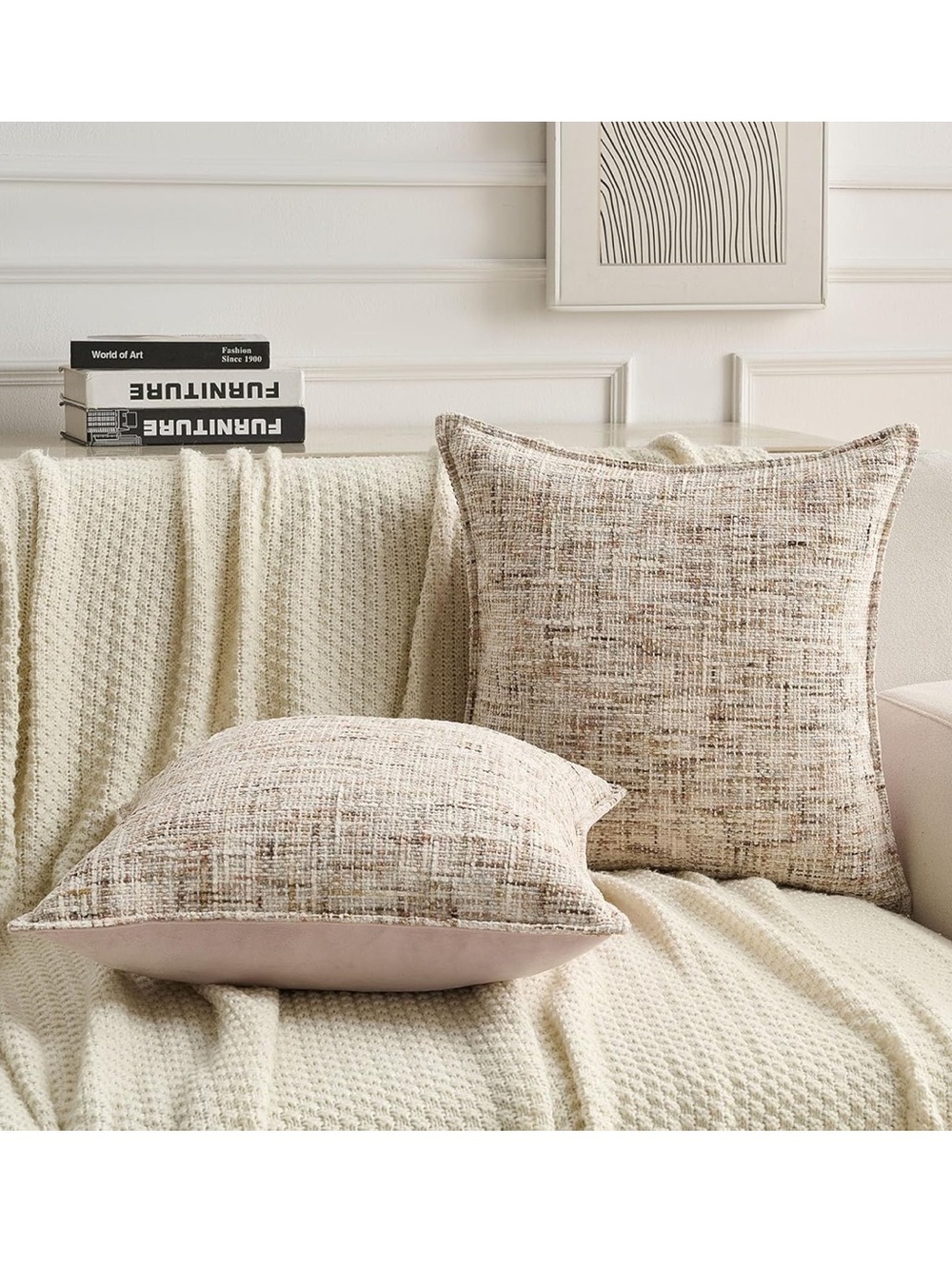 Neutral Tan & Pink Tweed Chenille Pillow Covers SQUARE 22x22” (2-pack)